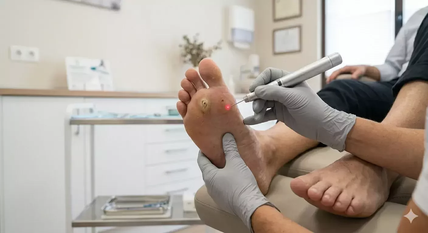 Primer plano de un paciente recibiendo tratamiento para eliminar una verruga plantar con equipo especializado