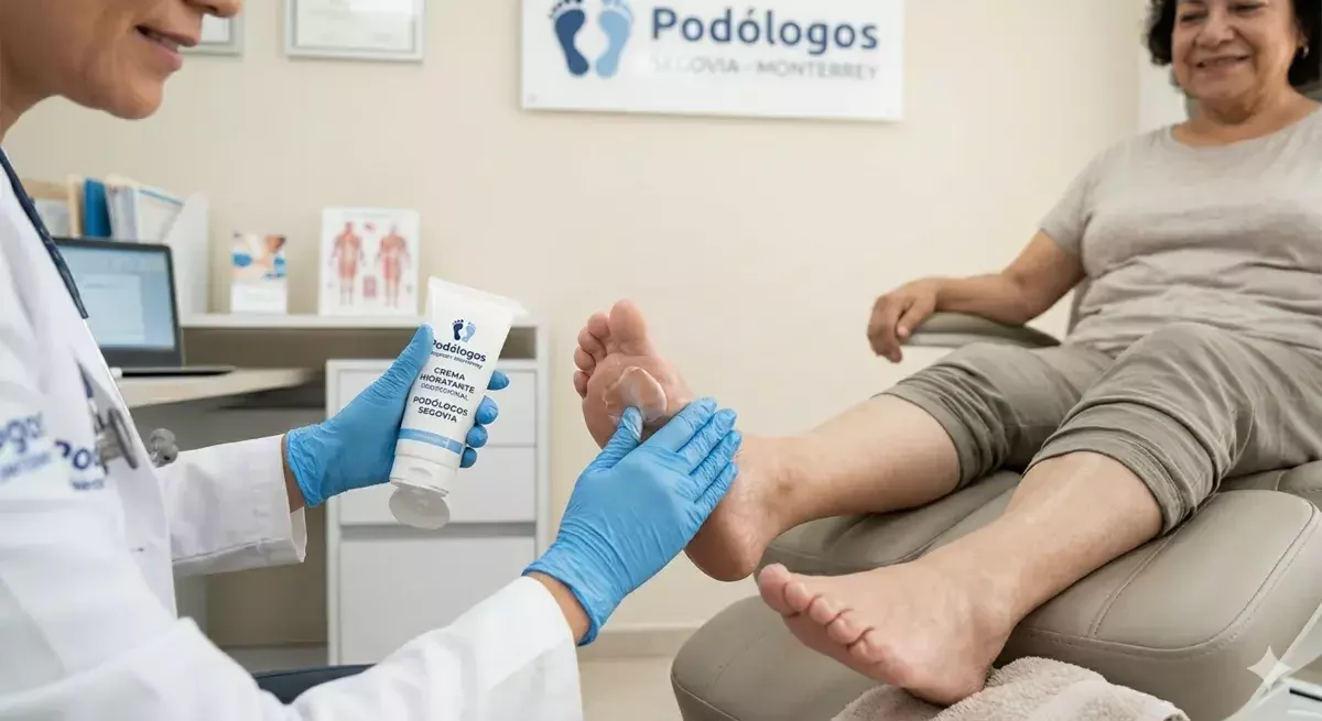 Podólogo profesional en Monterrey realizando una eliminación segura de callos en el pie de un paciente en la clínica Podólogos Segovia.