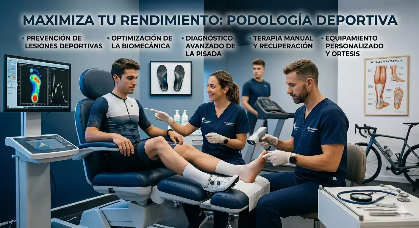 Un podólogo varón realiza un análisis biomecánico y tratamiento a un atleta joven en una clínica moderna. La imagen incluye infografías sobre la prevención de lesiones, diagnóstico de la pisada y mejora del rendimiento deportivo.