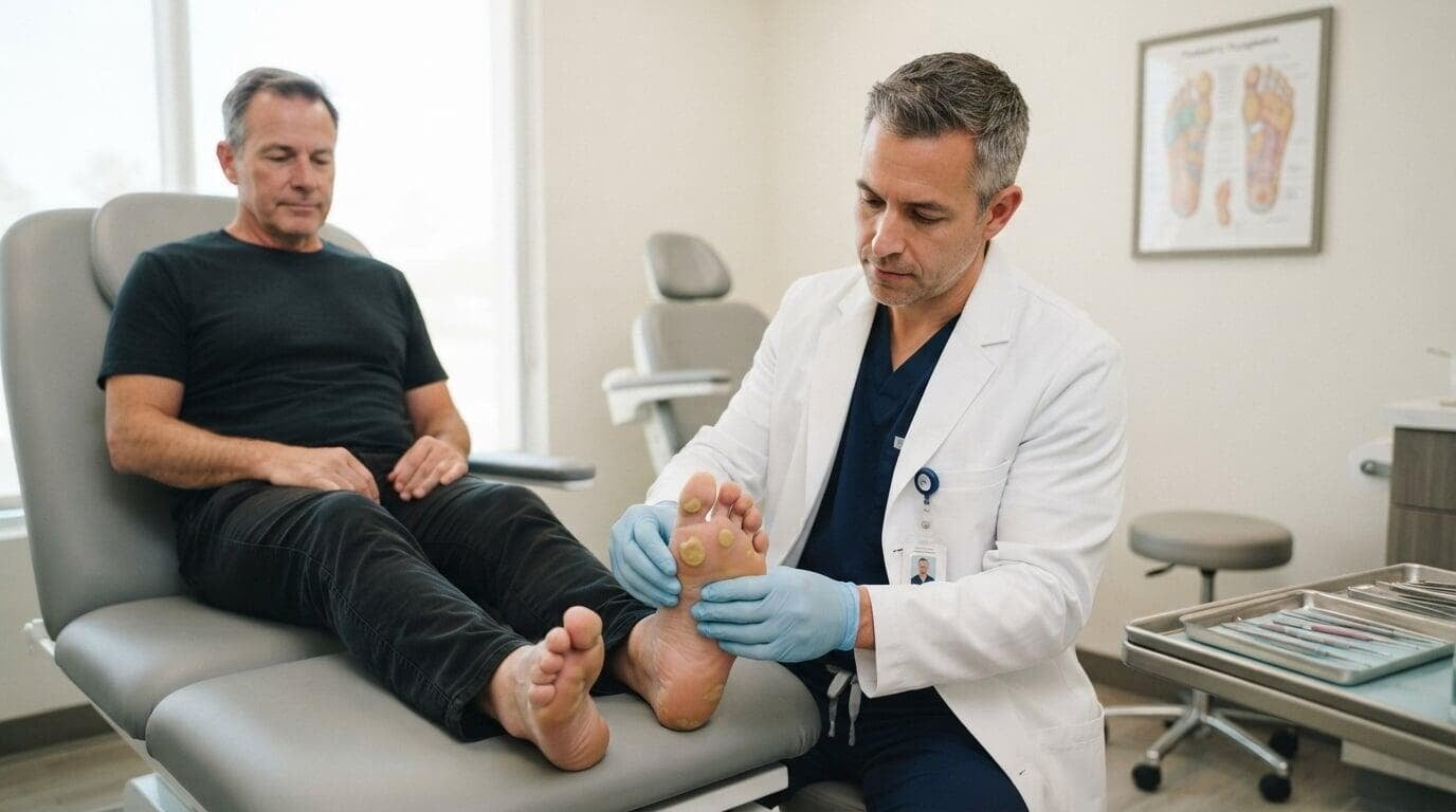 Podólogo realizando una valoración profesional de callos en los pies.