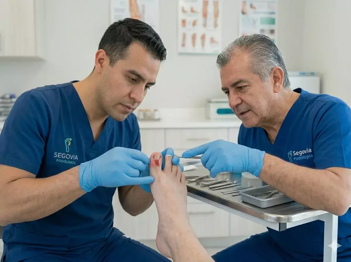Podólogo hombre con bata blanca consultando amablemente a un paciente en la clínica, enfocados en prevenir complicaciones futuras.