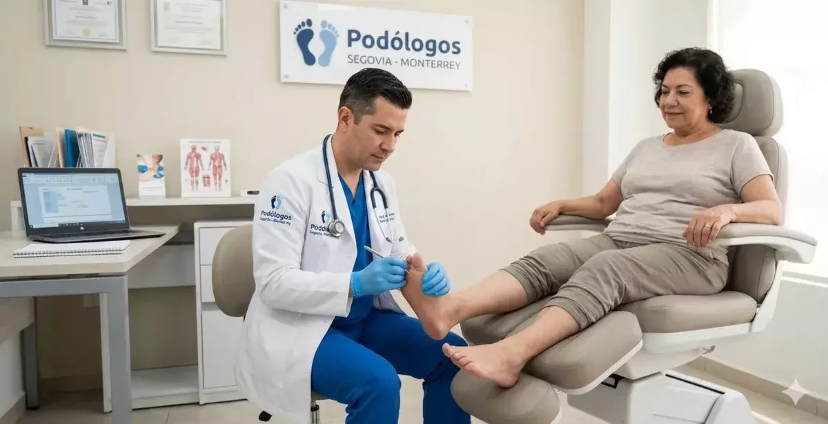 Un podólogo profesional de Podólogos Segovia realizando una valoración completa del pie de una paciente durante una consulta podológica en Monterrey. La imagen muestra la atención y el entorno clínico limpio.