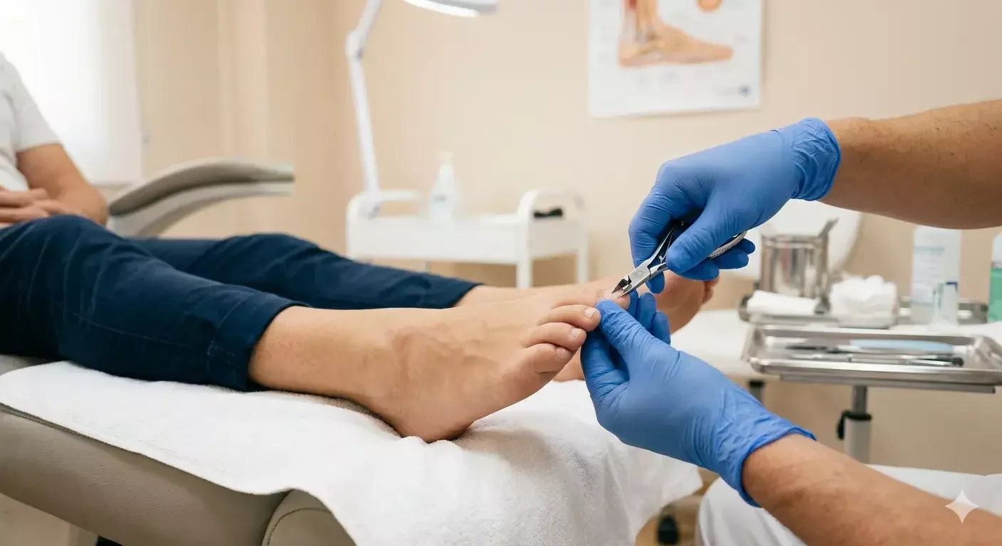 Podólogo realizando un corte de uñas profesional y seguro en un paciente.