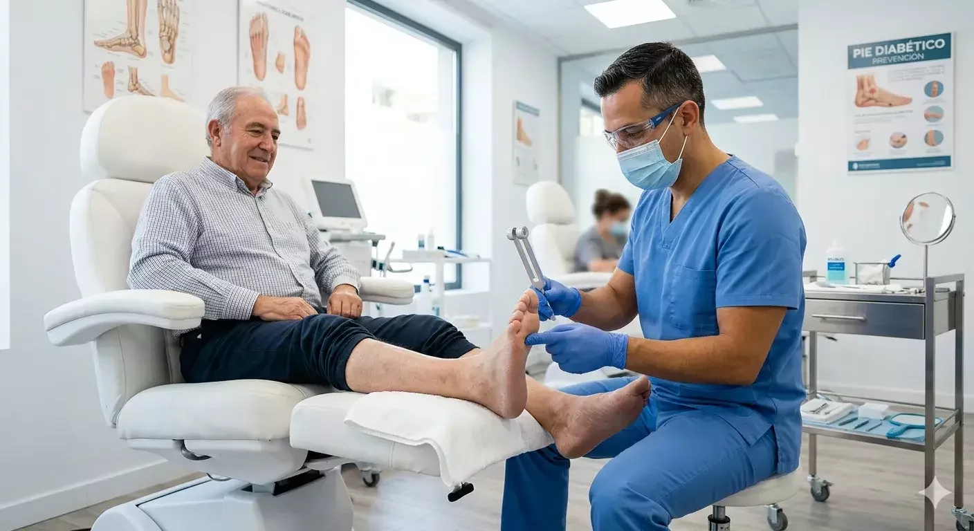 Podólogo realizando una revisión preventiva de pies a un paciente diabético en una clínica especializada.