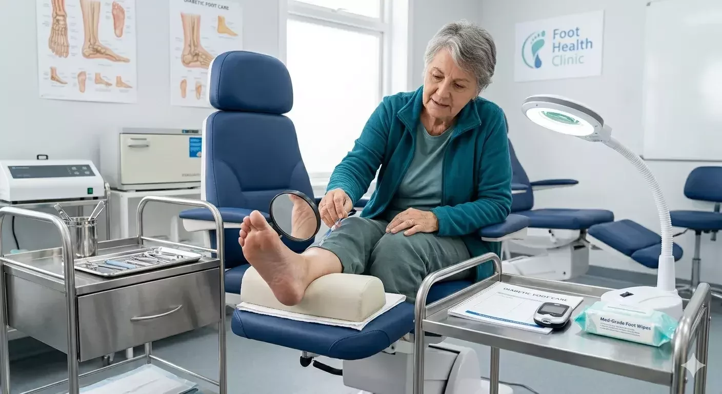 Persona con diabetes realizando una revisión diaria de sus pies para prevenir complicaciones.