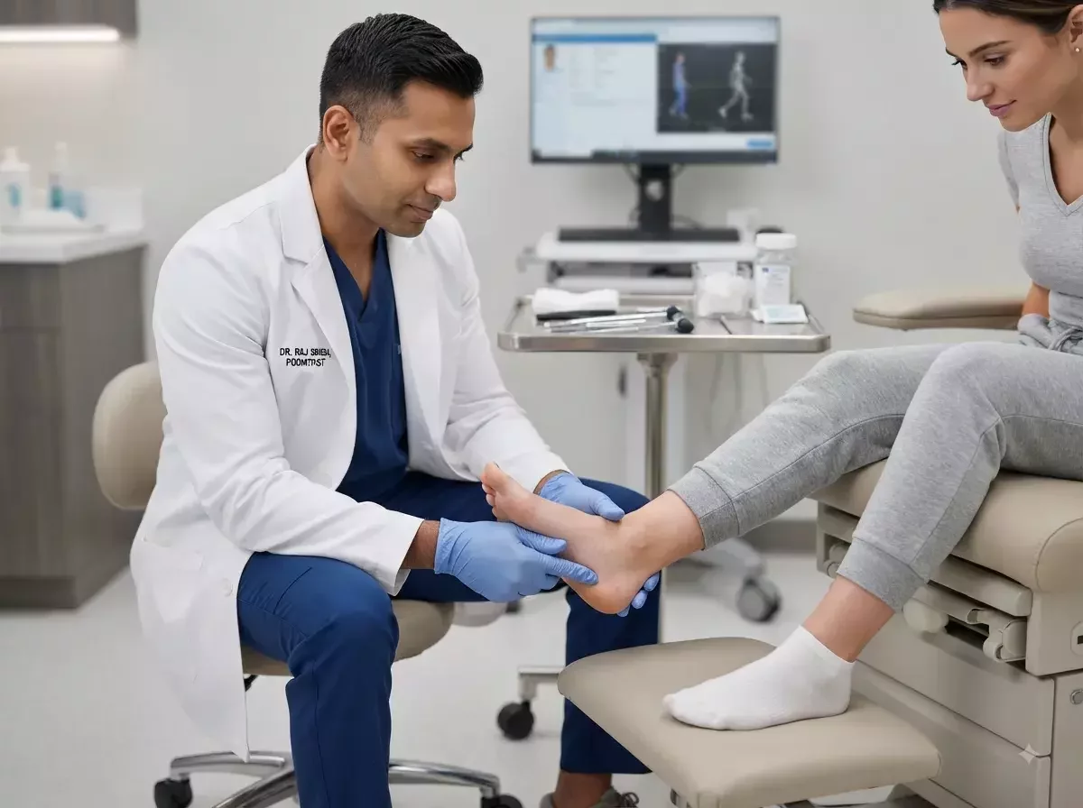 Podólogo examinando el talón de un paciente para evaluar posible fascitis plantar