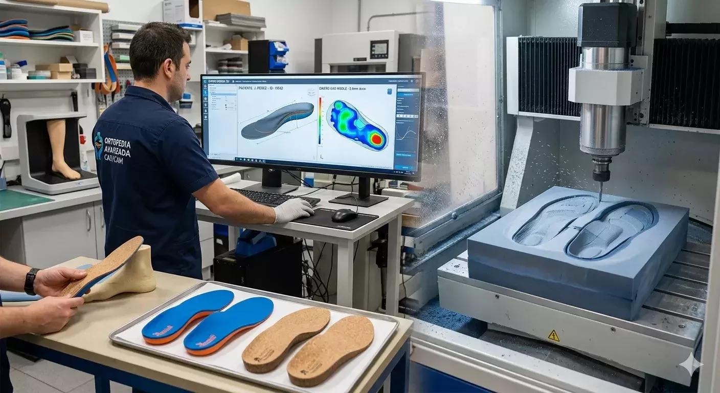 Un técnico en un laboratorio de ortopedia avanzada utiliza software CAD en una computadora para diseñar plantillas personalizadas, mientras que a su lado una máquina de fresado CNC mecaniza una plantilla a partir de un bloque de material espumoso.