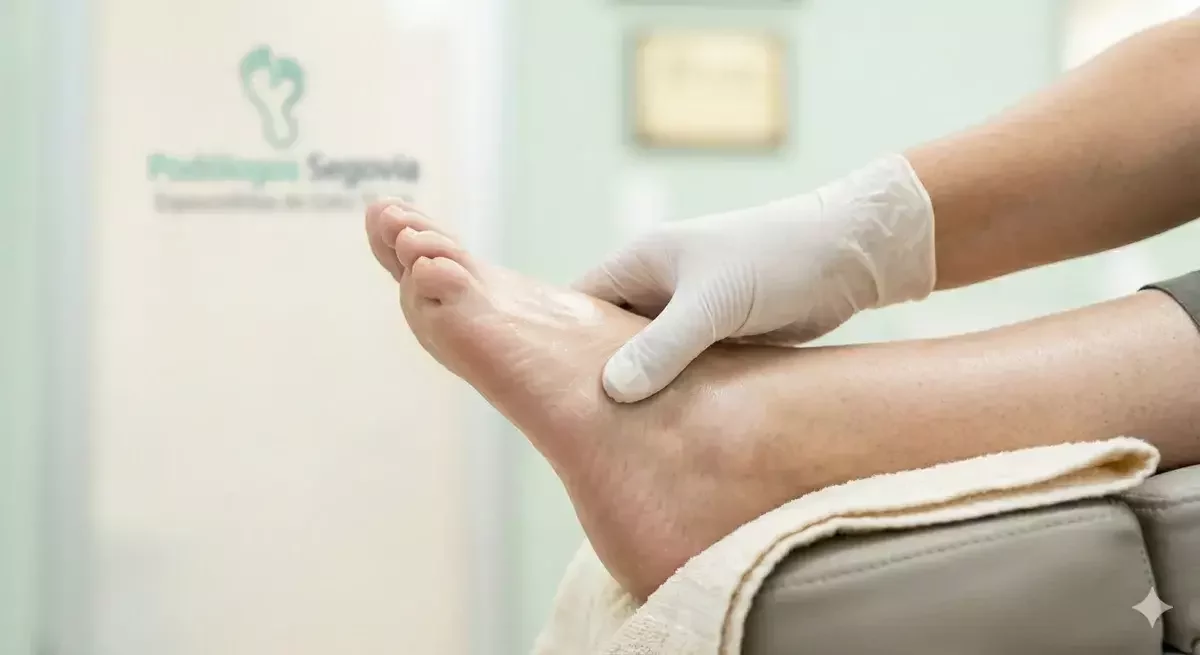 Primer plano de un tratamiento de podología preventiva en Monterrey, mostrando el masaje final en un pie hidratado y saludable dentro de una clínica profesional.