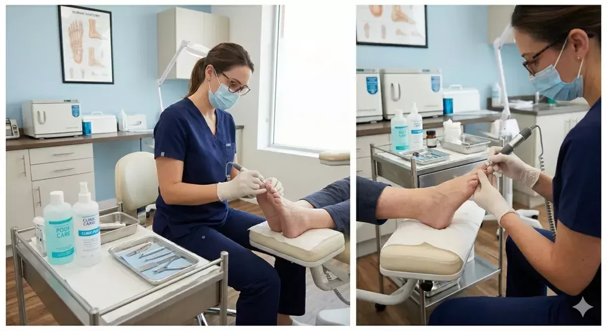 Primer plano de una podóloga con guantes y mascarilla utilizando un micromotor de precisión para tratar el pie de un paciente en un consultorio clínico limpio y moderno. Se aprecian herramientas esterilizadas y equipos médicos avanzados al fondo.