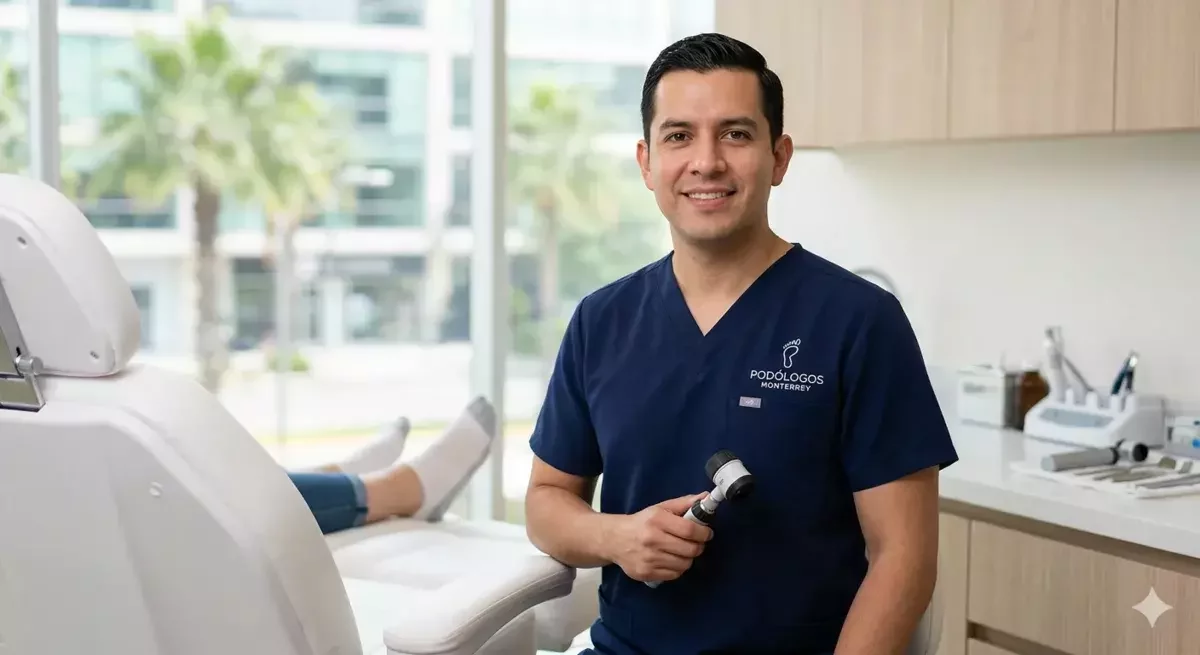 Podólogo hombre con uniforme médico sonriendo en su consultorio moderno en Monterrey, sosteniendo equipo de diagnóstico frente a una silla de tratamiento podológico.