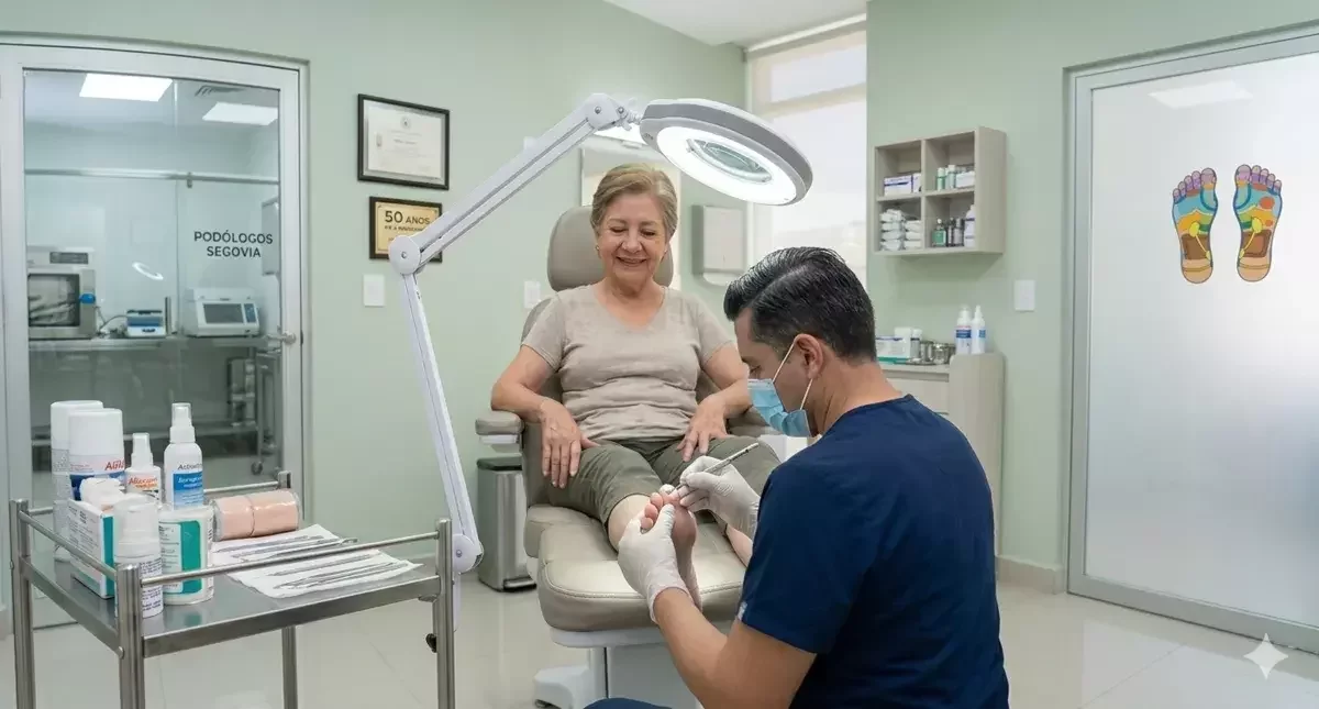 Vista desde el hombro de una especialista en podología realizando un tratamiento preventivo con instrumental esterilizado en una paciente relajada