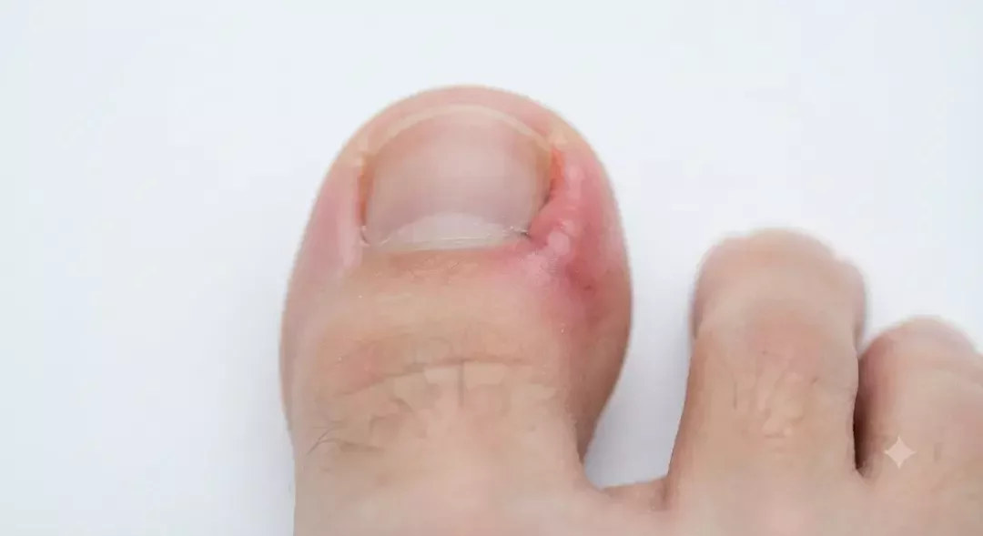 Dedo del pie con inflamación causada por una uña encarnada.