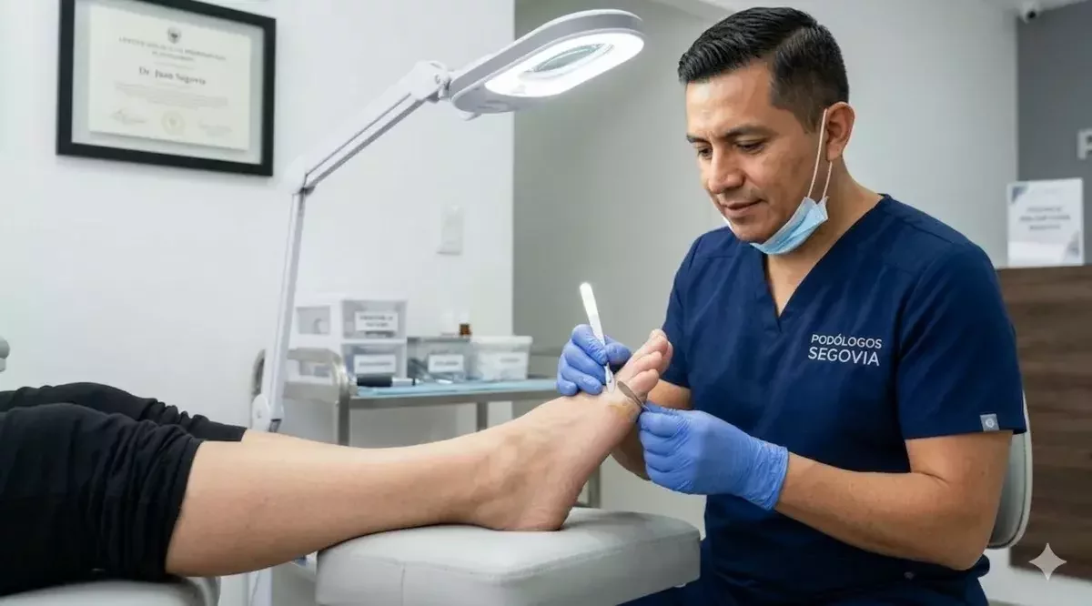 Podólogo profesional en Monterrey realizando una eliminación segura de callos en el pie de un paciente en la clínica Podólogos Segovia.