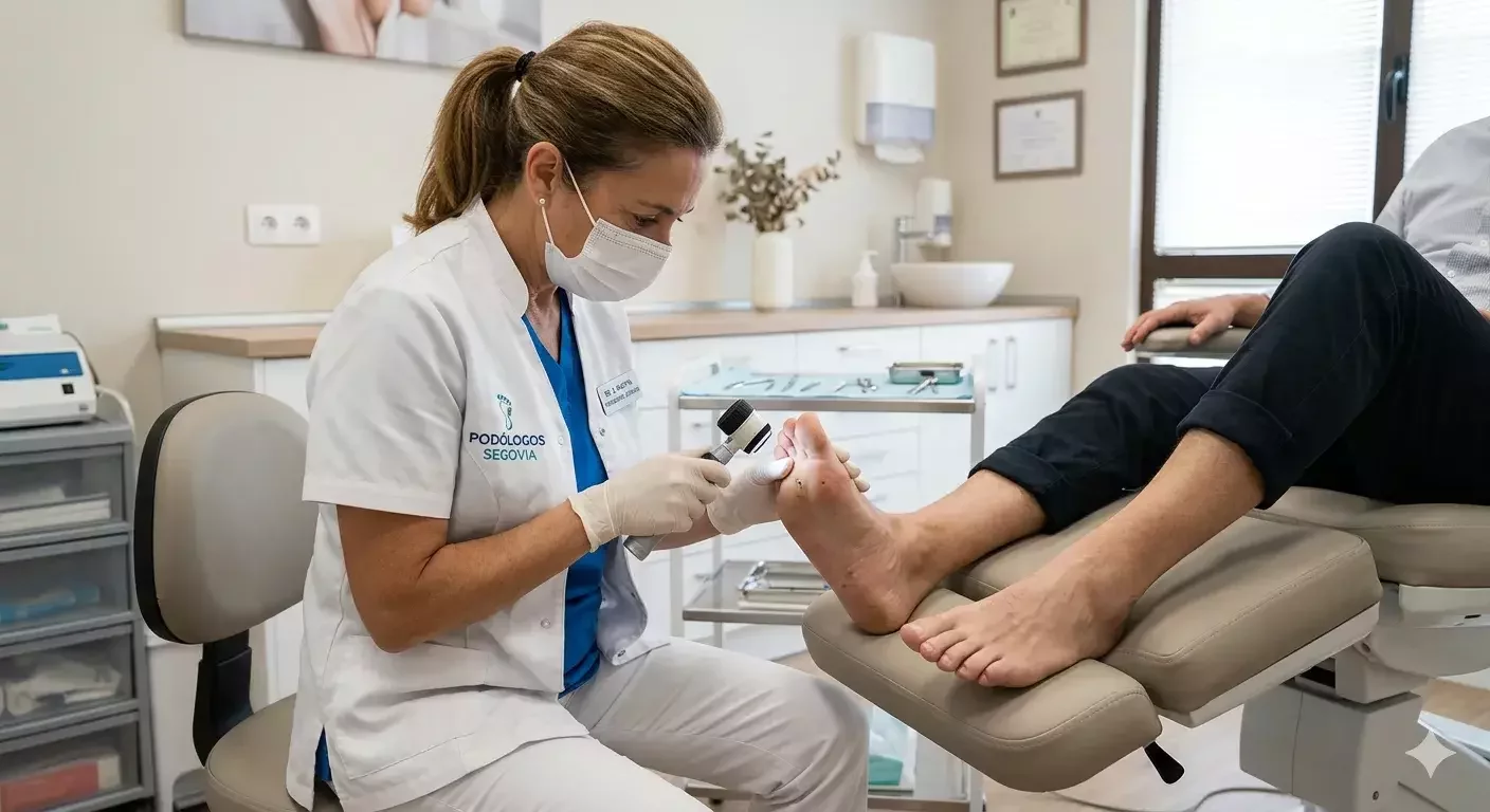 Podólogo realizando una evaluación profesional de una verruga plantar en consultorio clínico.