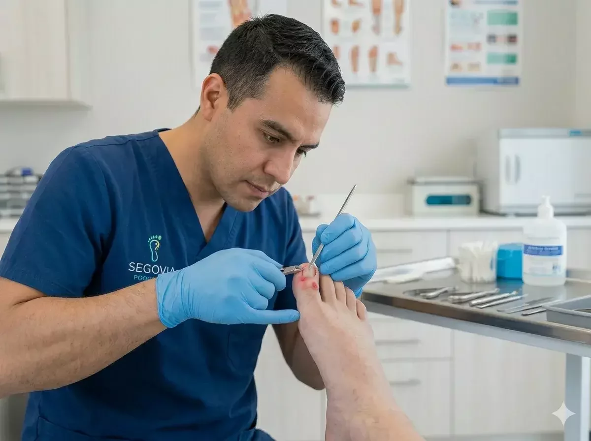 Primer plano de un podólogo hombre usando instrumentos esterilizados para realizar una curación precisa en un pie con uña encarnada.