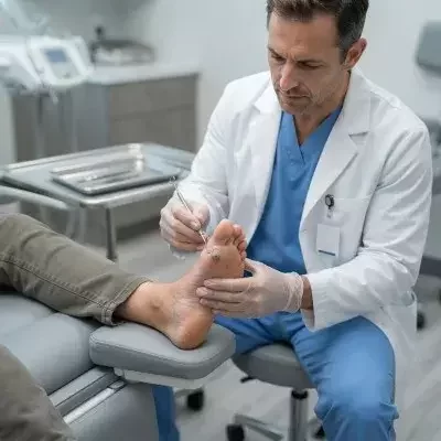 Tratamiento profesional de una verruga plantar realizado por un podólogo.